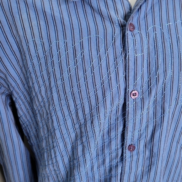 Volcom Mens Button Up Shirt Size Large Blue Striped Cotton Long Sleeve Vintage - Picture 9 of 10